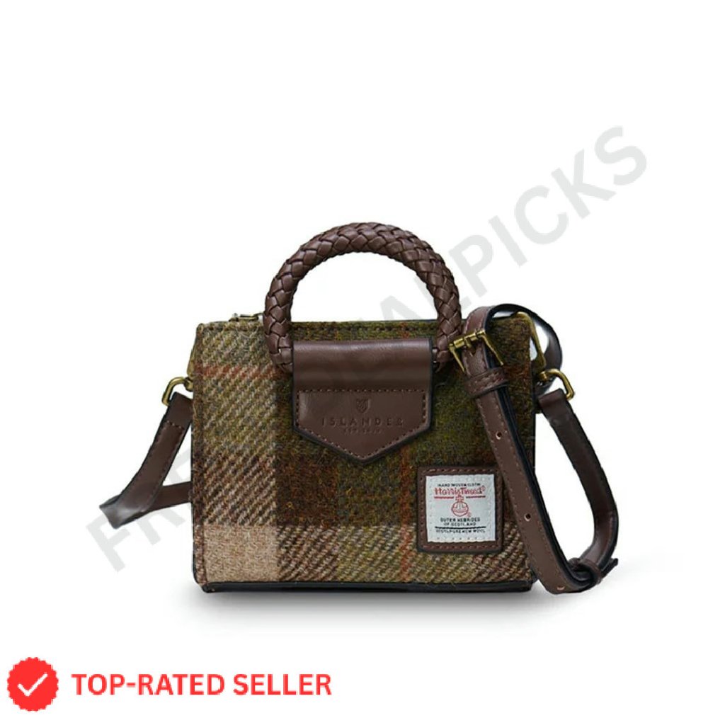 Mini Tote Bag Chic Elegant Classic Harris Tweed Leather Trim Adjustable Strap